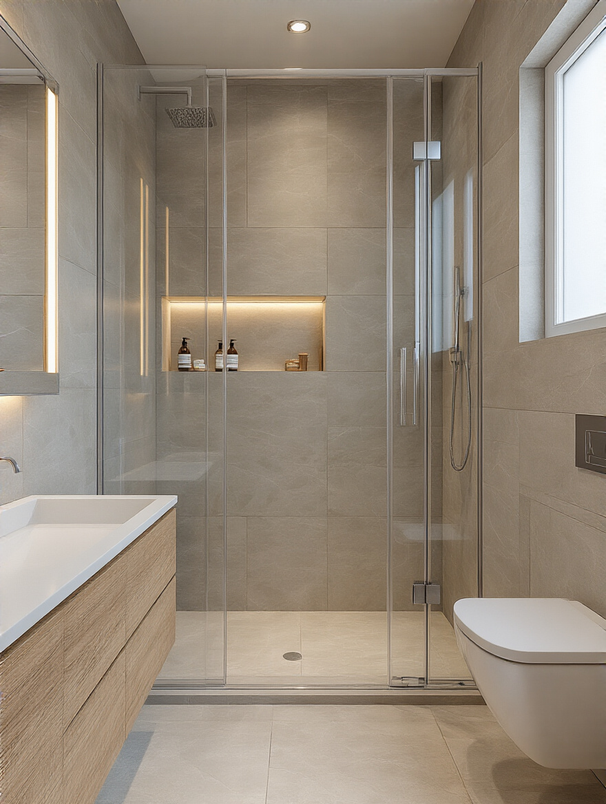 Modern small bathroom with a frameless glass walk-in shower and floating vanity