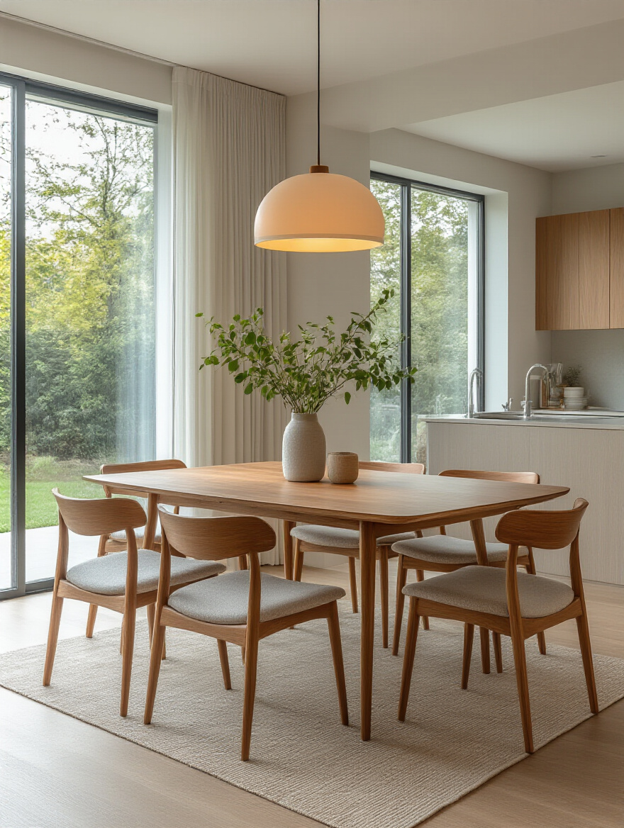 Modern dining room with a sleek versatile extendable dining table in compact setup, well-lit and stylish