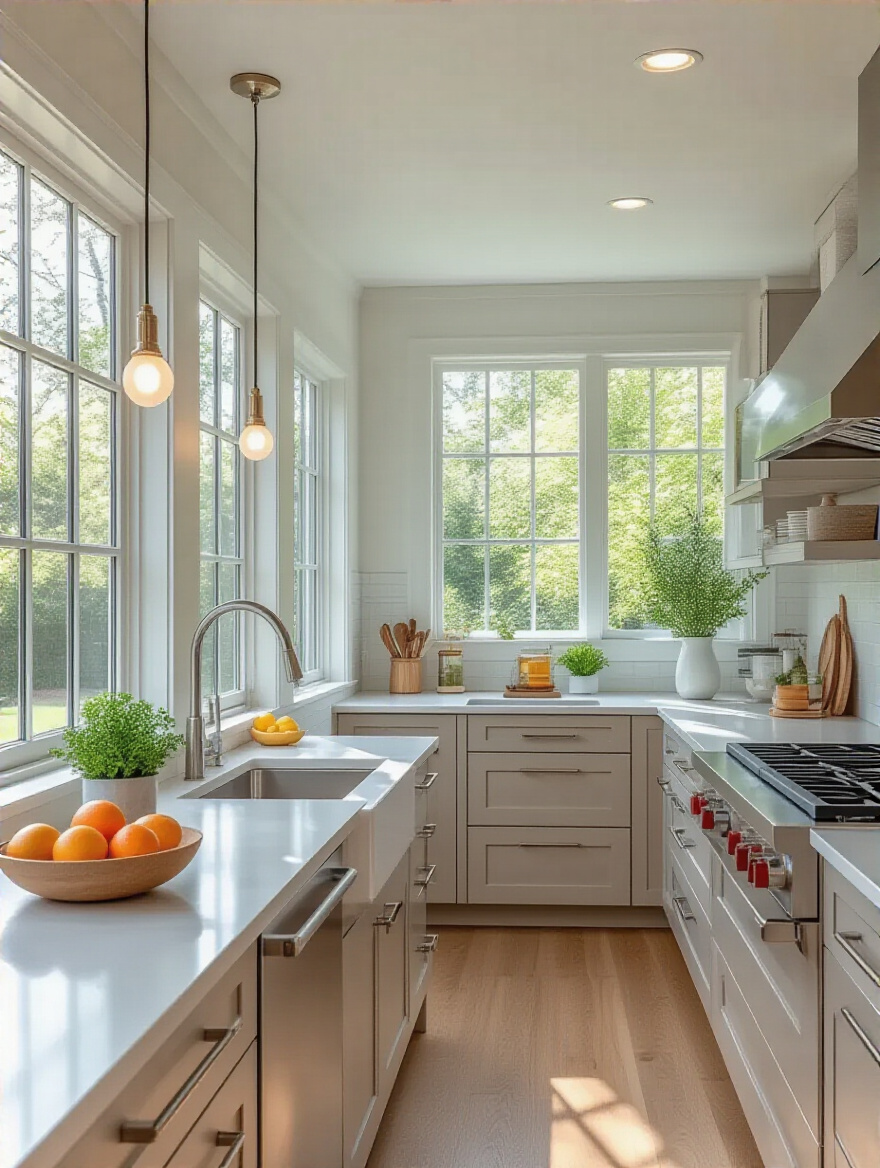 Modern kitchen interior showcasing adjustable-height countertops and ergonomic layout for enhanced comfort and efficient workflow