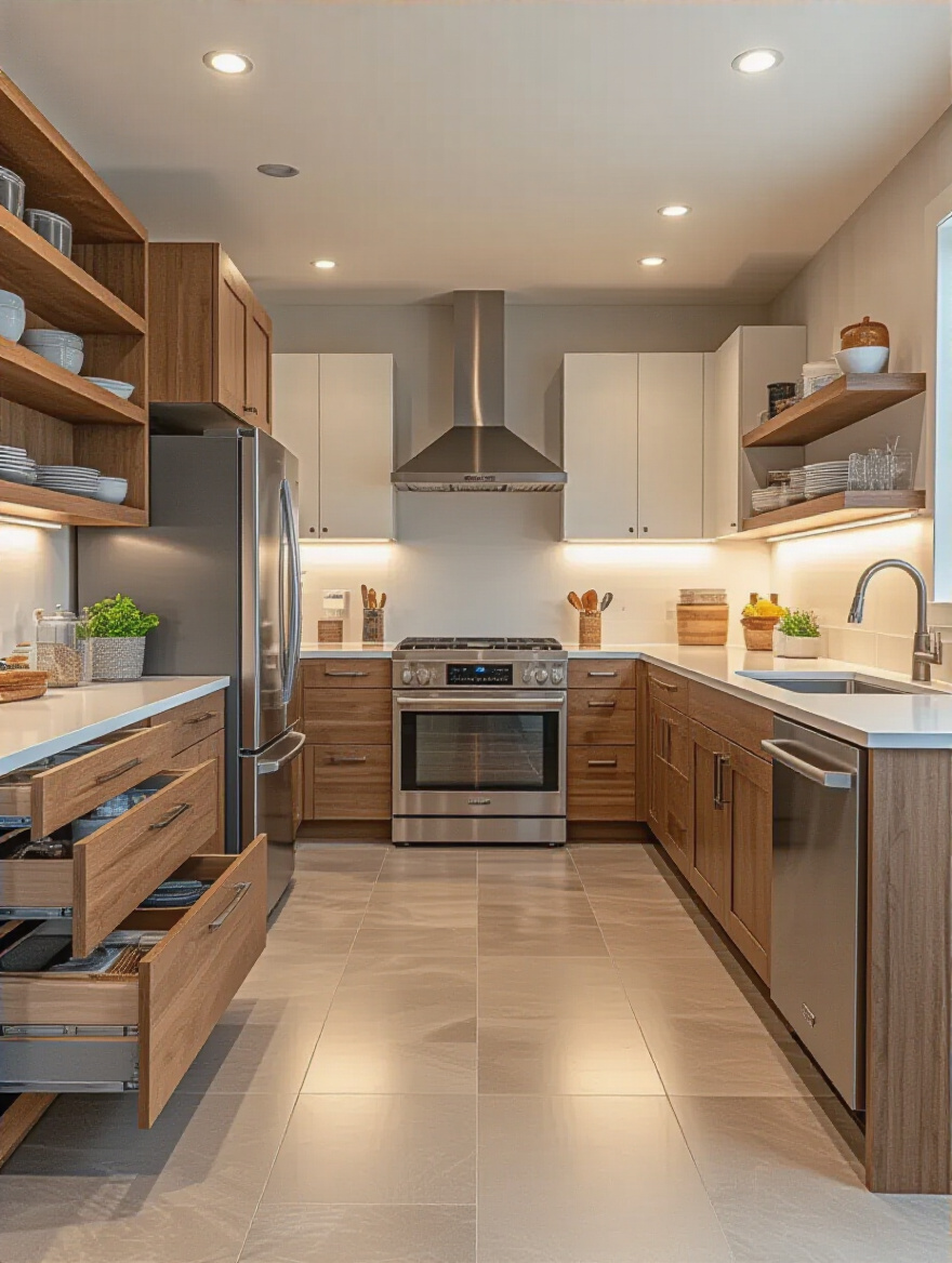 Modern kitchen with optimized layout for efficient flow and functionality, showing clear work zones and spacious walkways