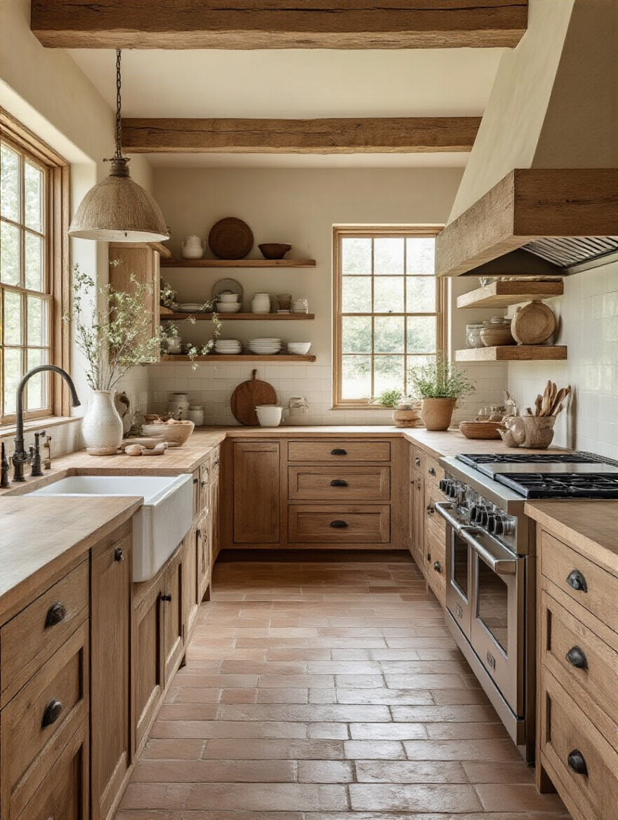 A beautifully organized farmhouse kitchen layout featuring a U-shaped design and central island.