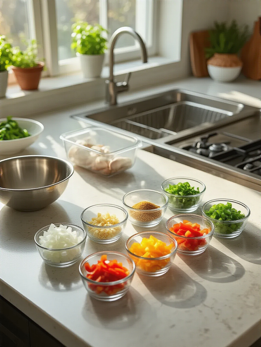 Organized mise en place zone with prepped ingredients in glass ramekins on a clean kitchen counter