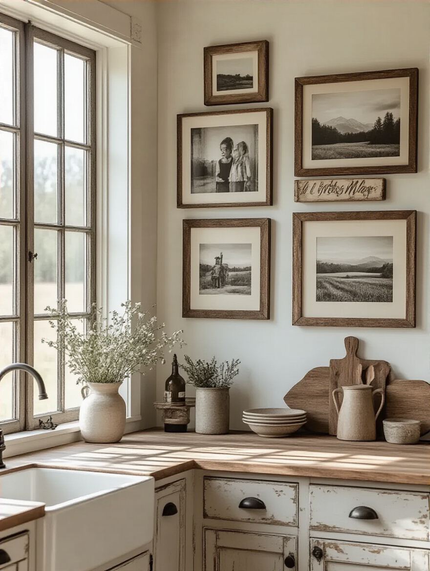 Gallery wall with family photos and artwork in a farmhouse kitchen