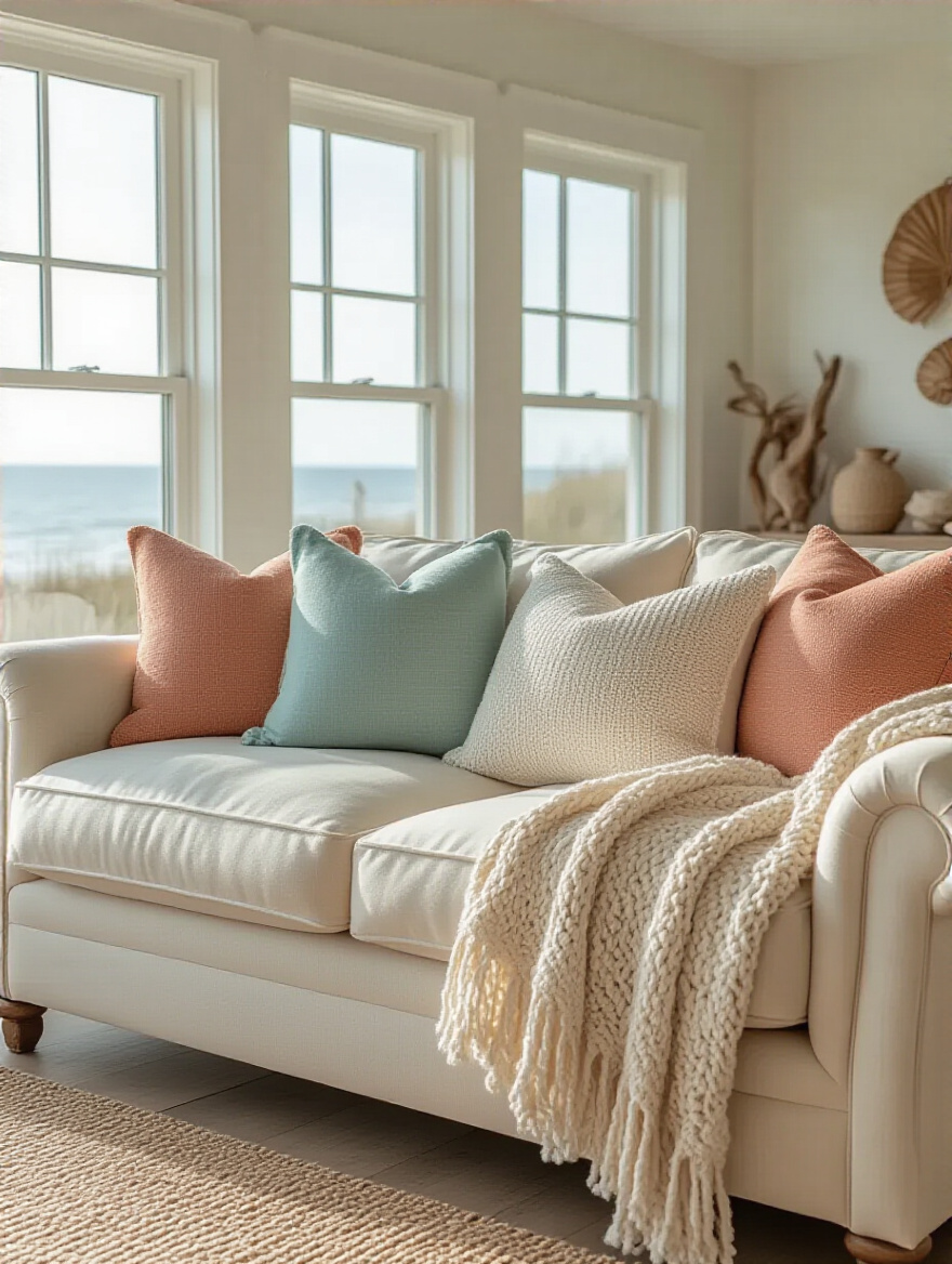 Coastal-themed pillows and throws enhancing a cozy living room