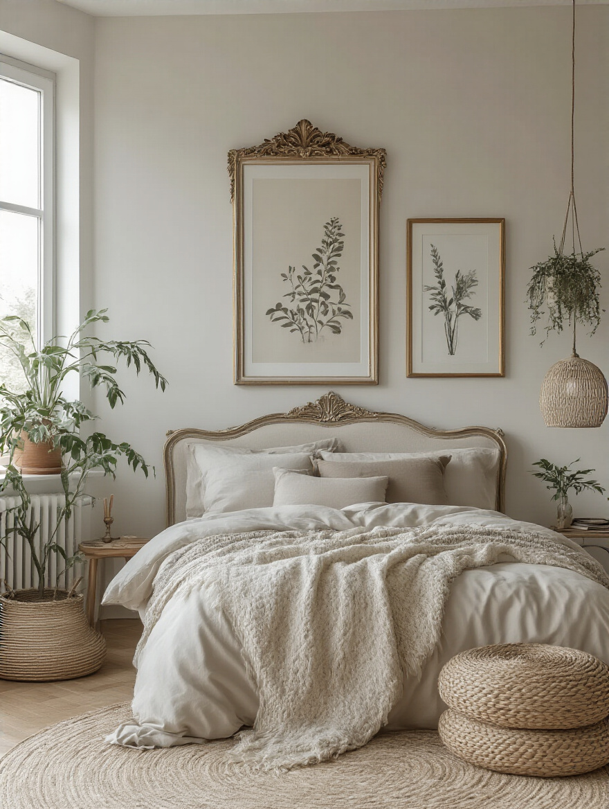 A stylish bedroom wall featuring a mix of modern and classic decor elements, beautifully lit.