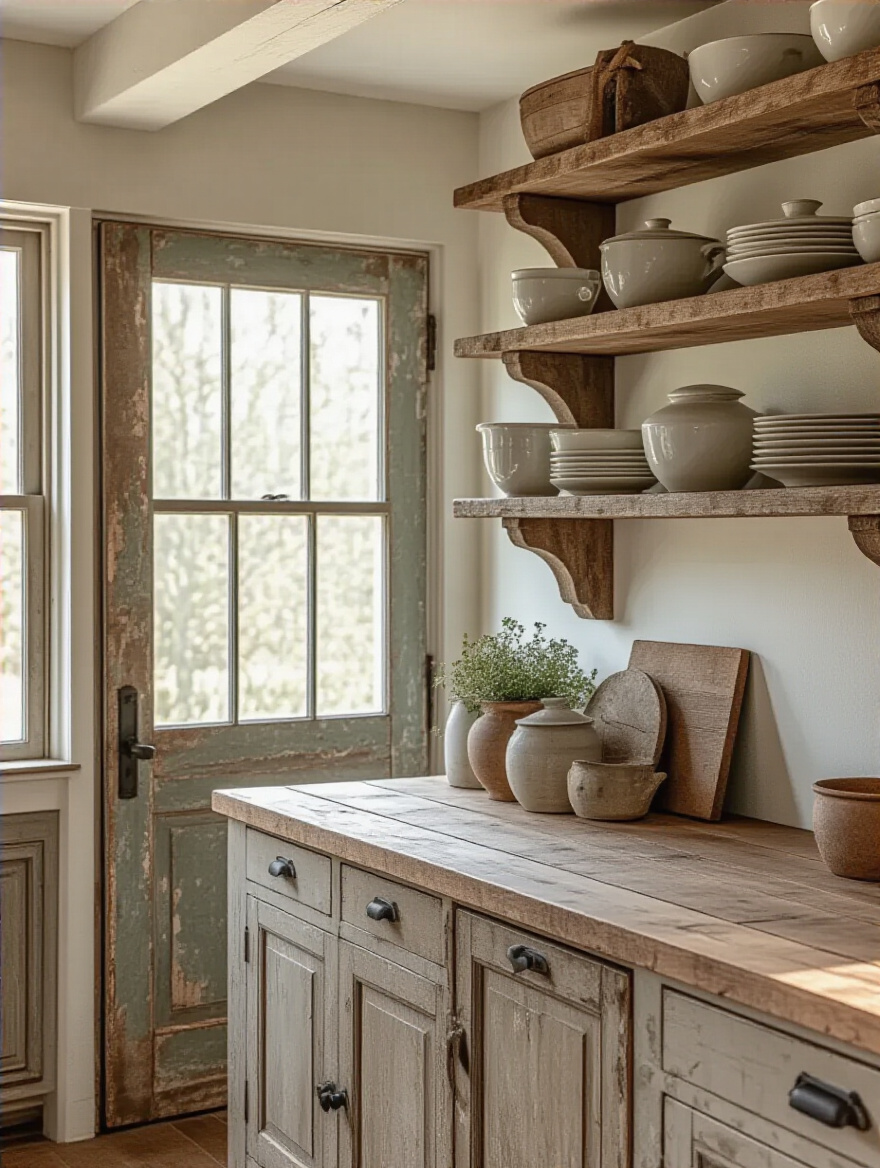 A farmhouse kitchen featuring architectural salvage elements like corbels and a vintage door.