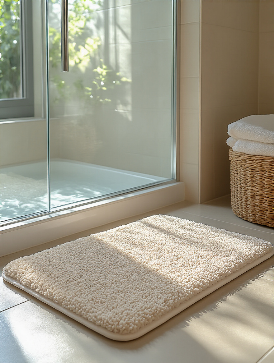 Soft plush bath mat placed outside glass shower in modern bathroom with natural lighting