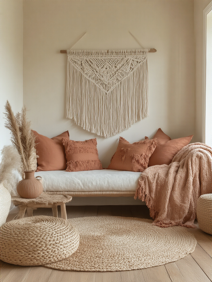 Boho living room corner with warm neutral walls, macrame wall hanging, natural wood floor, and earthy toned decor in portrait format