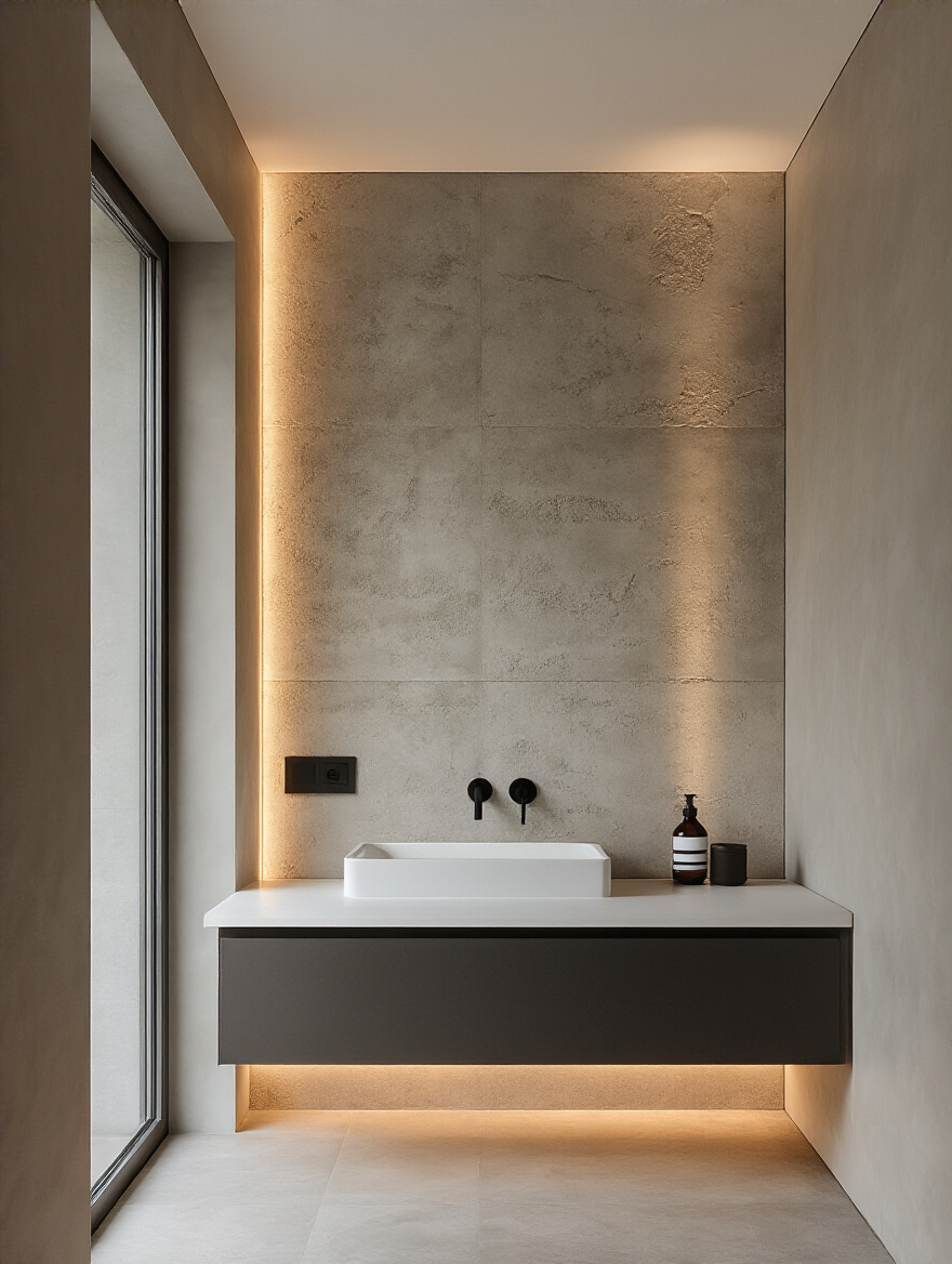 Modern bathroom with a textured concrete accent wall behind a minimalist vanity, illuminated by warm uplighting, no people