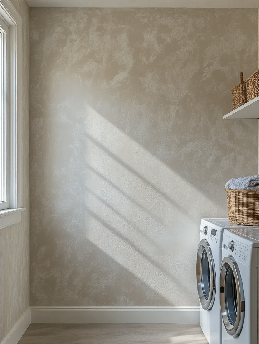 Smooth, clean, and primed laundry room wall ready for wallpaper application