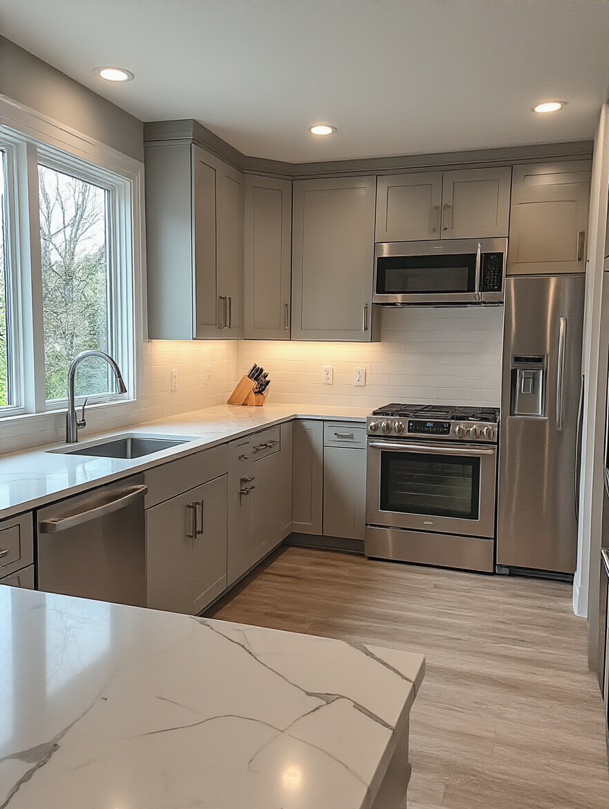 Modern kitchen interior showcasing preserved layout with sleek cabinetry and quartz countertops.