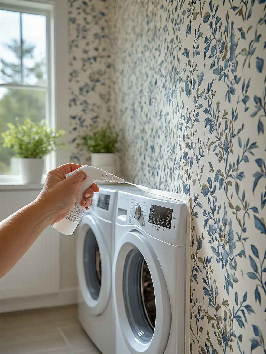 Close-up of clear seam sealant being applied to wallpaper edges in a modern laundry room to prevent peeling
