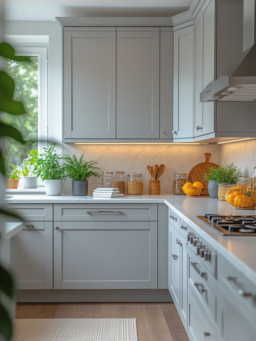 Modern kitchen with high-durability light gray cabinets designed for easy cleaning