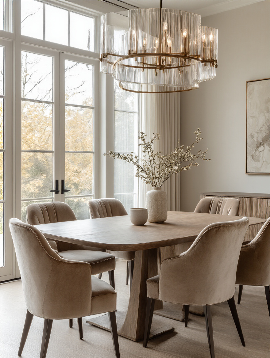 Modern dining room with plush upholstered dining chairs around a wooden table, showing comfort and style