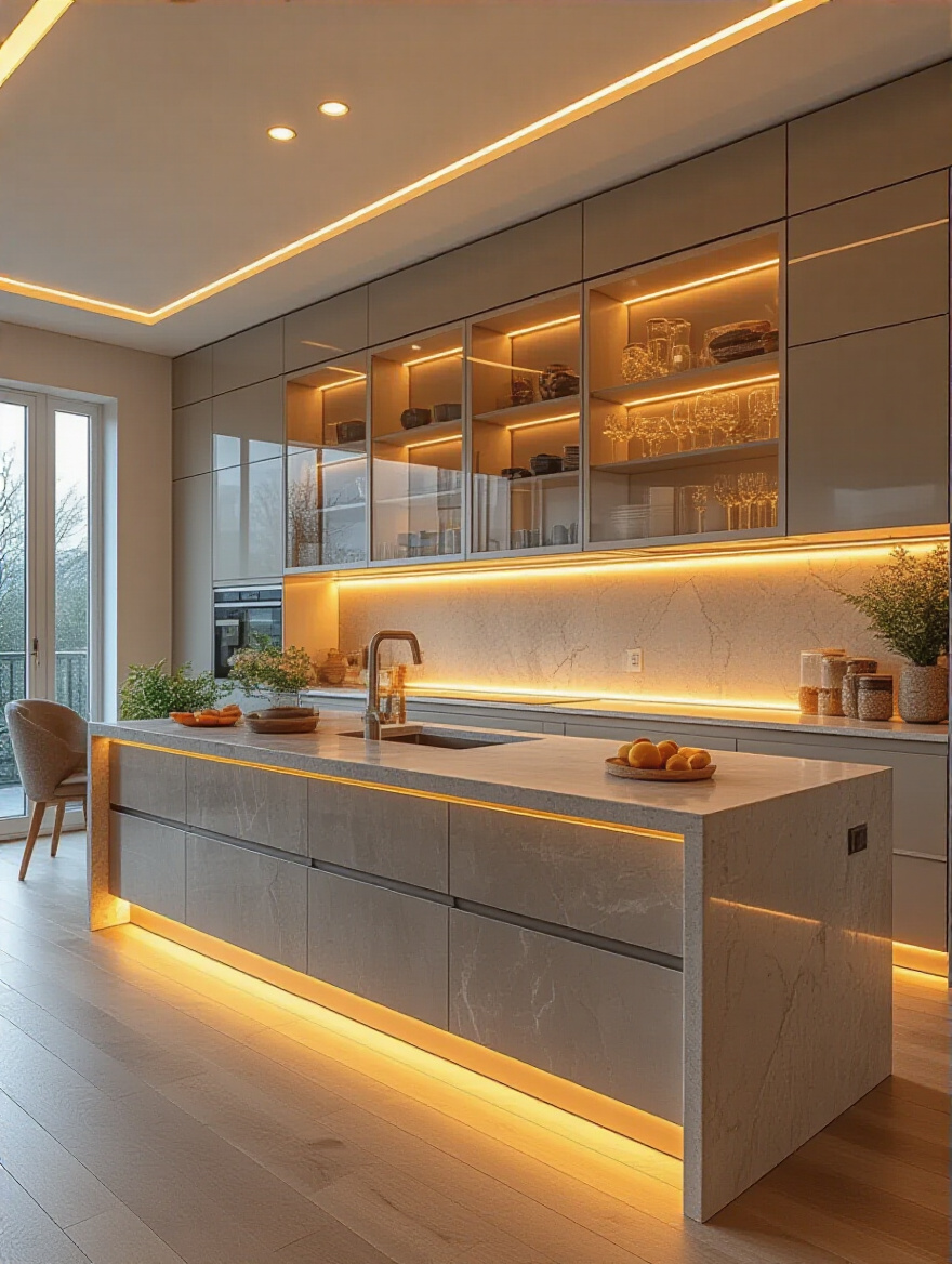 Modern kitchen interior with strategic lighting highlighting kitchen furniture features such as illuminated countertops, glass-front cabinets, and textured backsplash
