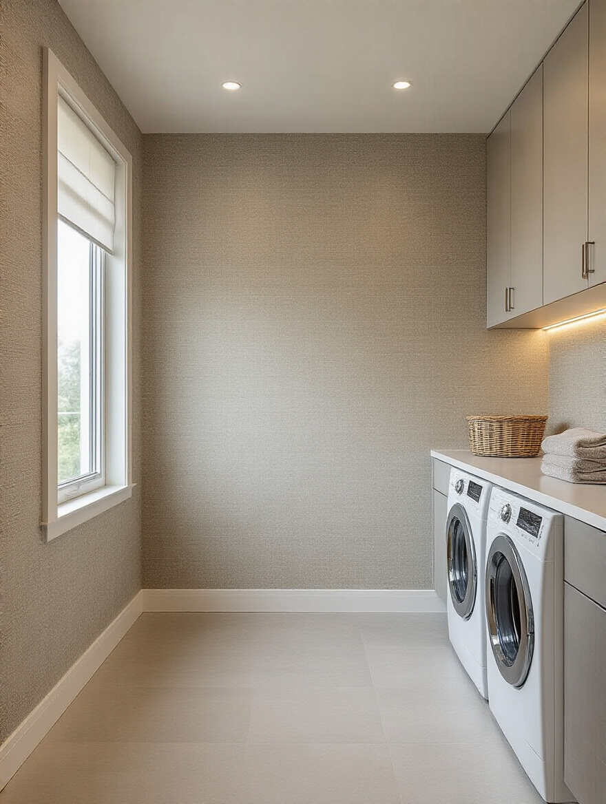 Modern laundry room wall with vinyl moisture resistant wallpaper and front-loading machines