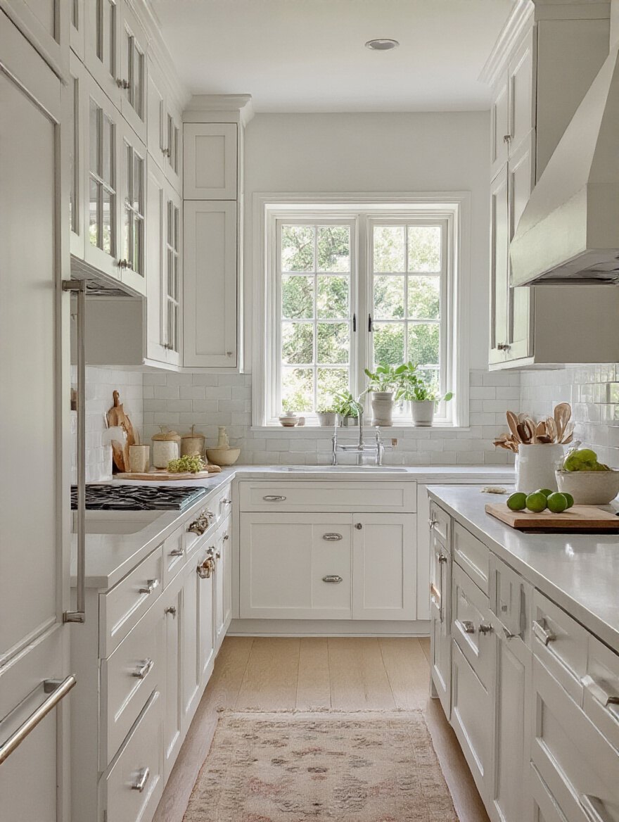 Modern kitchen with freshly painted cabinets in crisp matte white and modern hardware.