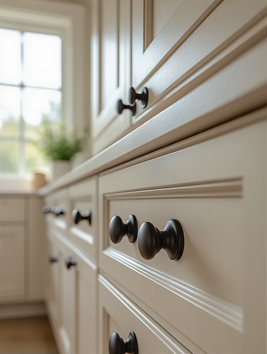 Close-up of modern cabinet hardware on white kitchen cabinets