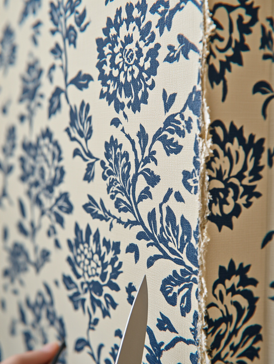 Close-up of laundry room wallpaper rip being invisibly repaired with matching wallpaper scrap, demonstrating precise pattern alignment and clean edges