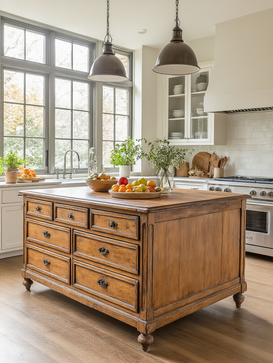 Unique kitchen island made from repurposed vintage dresser in a cozy kitchen setting