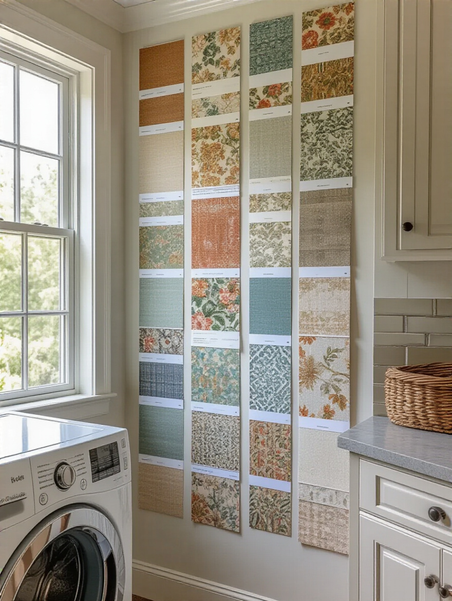 Laundry room wall with multiple wallpaper swatches taped on a white poster board under natural and artificial lighting