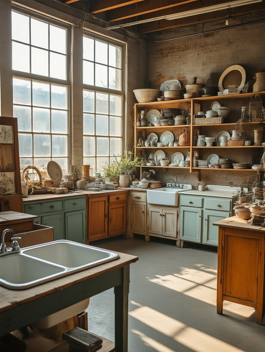 Interior view of a local reuse center filled with salvaged kitchen items and fixtures.