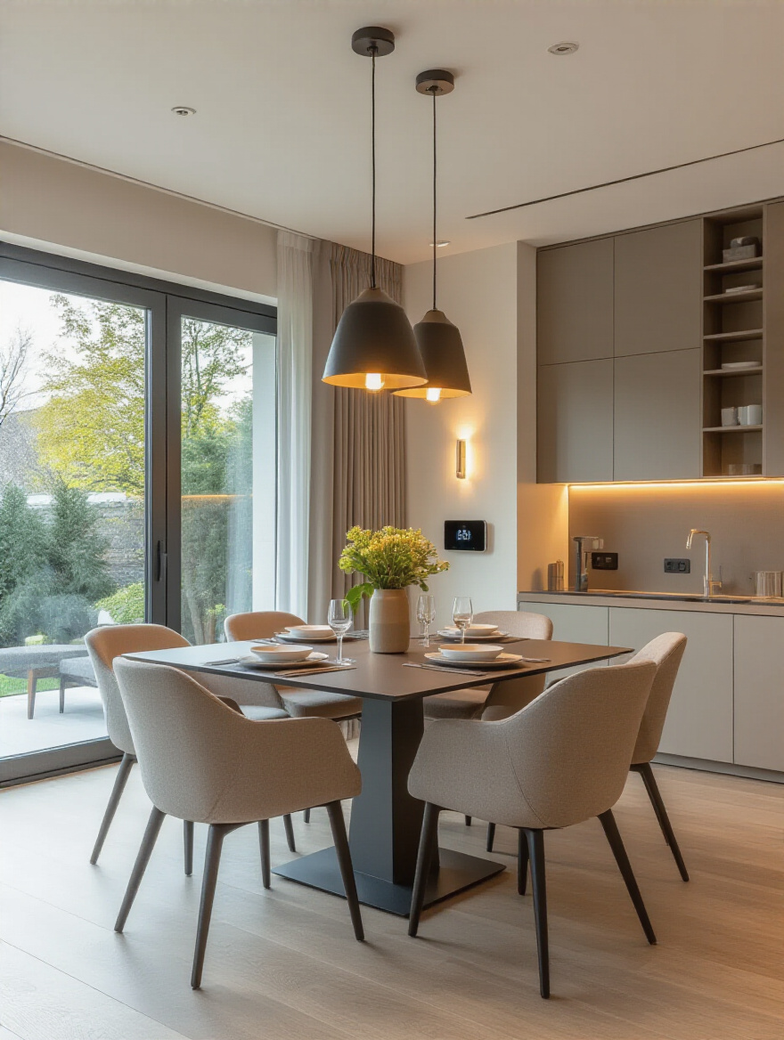 Modern dining room with smart technology integration showcasing smart lighting and climate control in a sleek, clutter-free setting