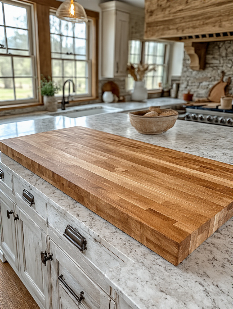 Farmhouse kitchen with butcher block and quartz countertops