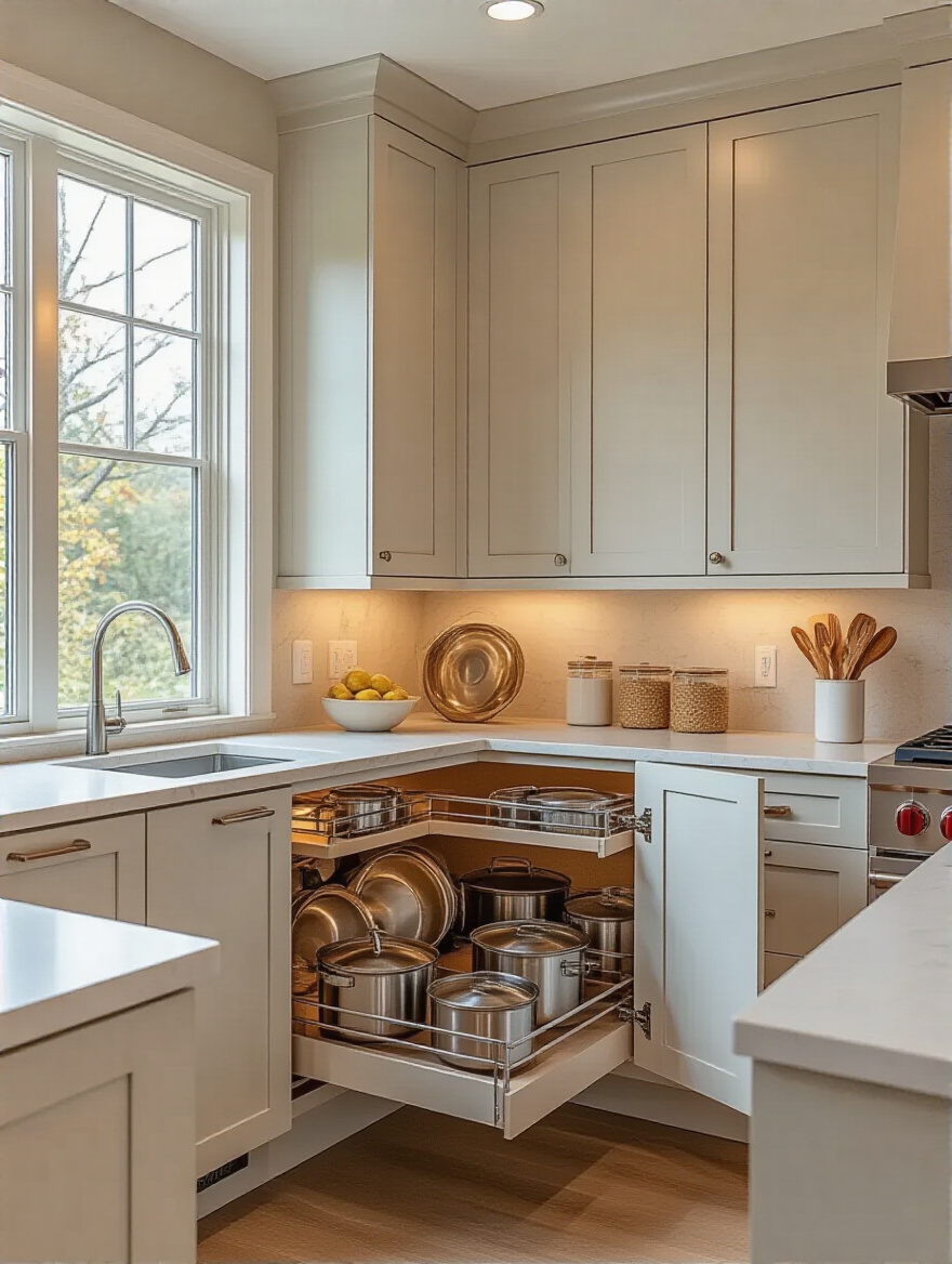 Modern kitchen corner with Magic Corner pull-out cabinet solution fully extended showing organized storage