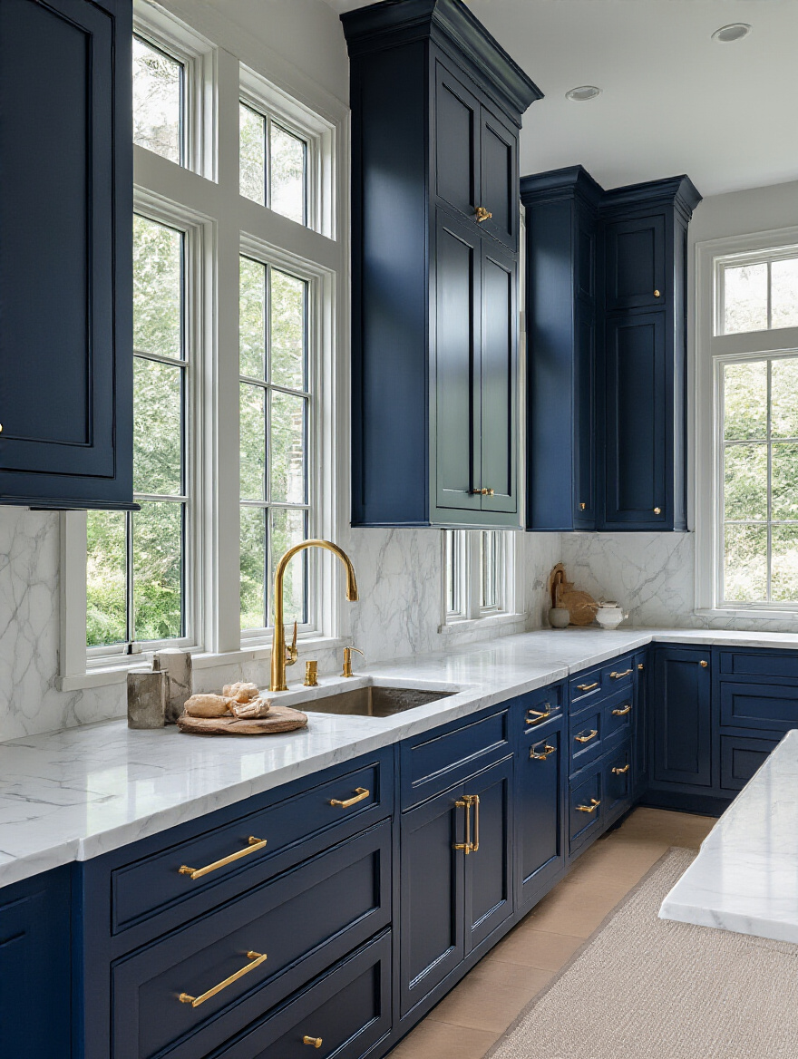 Luxurious kitchen with deep navy blue cabinets and white quartz countertops