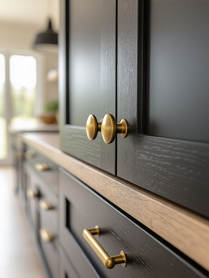 Close-up of modern kitchen cabinet door featuring distinctive brushed brass knobs and pulls on matte black cabinetry with soft natural lighting