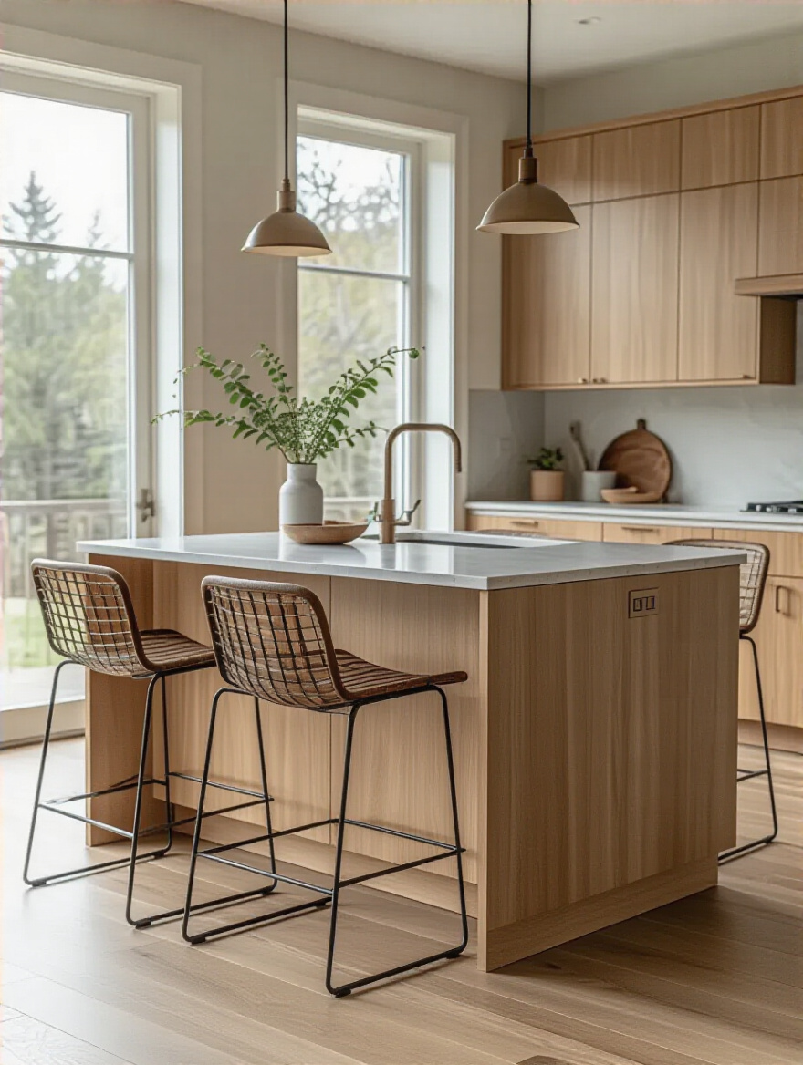 Modern kitchen island with durable maple wood base and quartz countertop showcasing long-lasting furniture materials