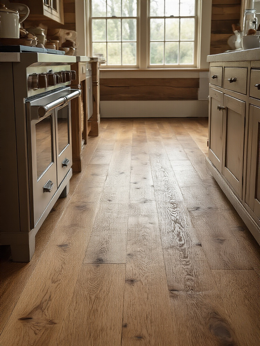 Cozy farmhouse kitchen with durable hardwood wide-plank flooring