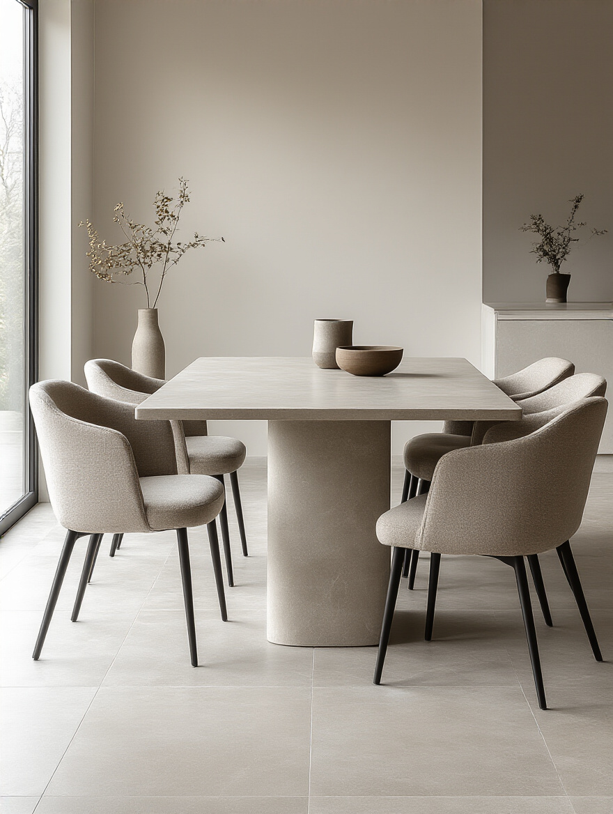 Modern dining room portrait with durable sintered stone table and large-format porcelain tile flooring showcasing hardwearing surfaces