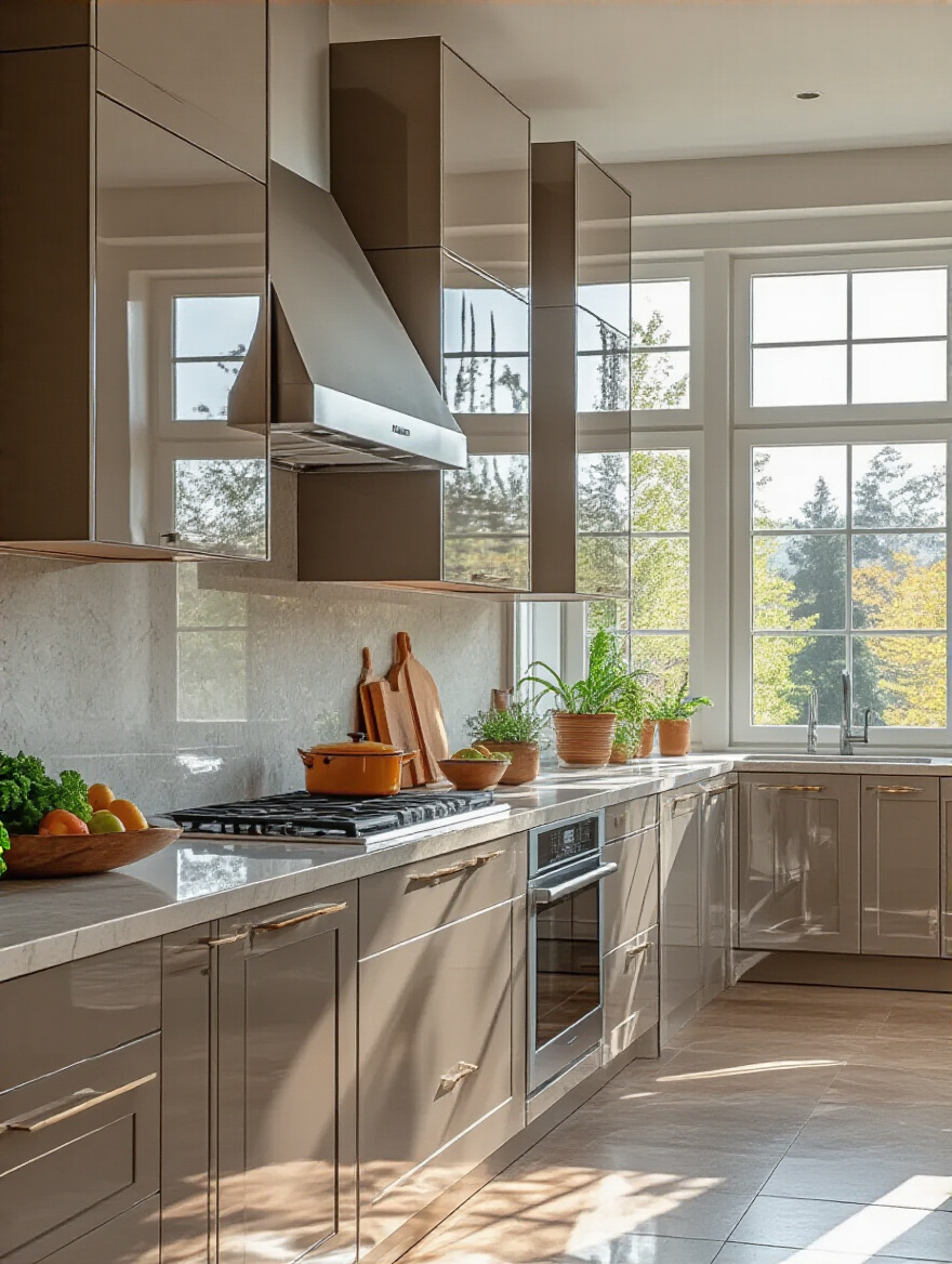 Modern kitchen with various cabinet finishes showcasing impact on color and durability