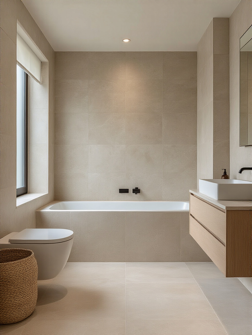 Modern bathroom interior with large-format light neutral tiles on floor and walls creating a seamless and spacious look