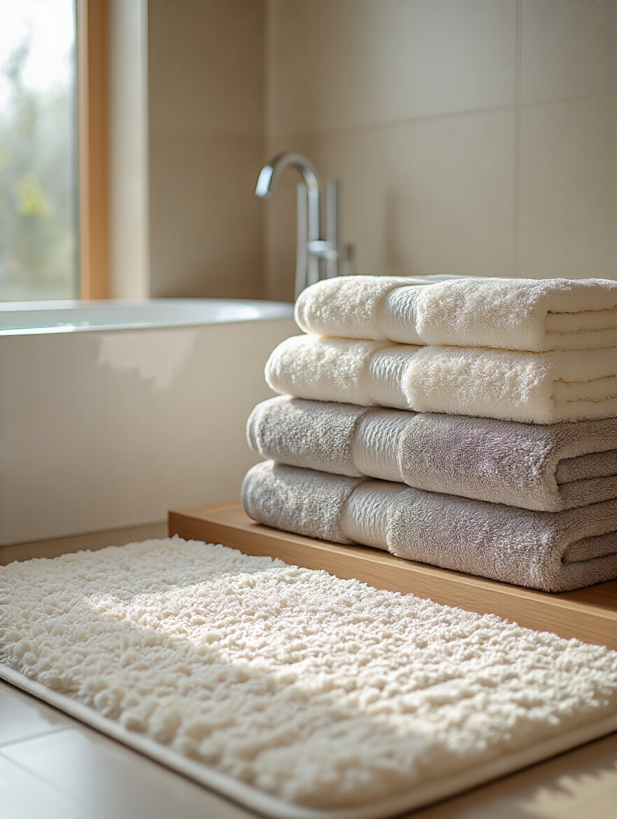 Luxurious plush towels stacked on a wooden shelf with a thick bath mat on the floor in a stylish spa-like bathroom