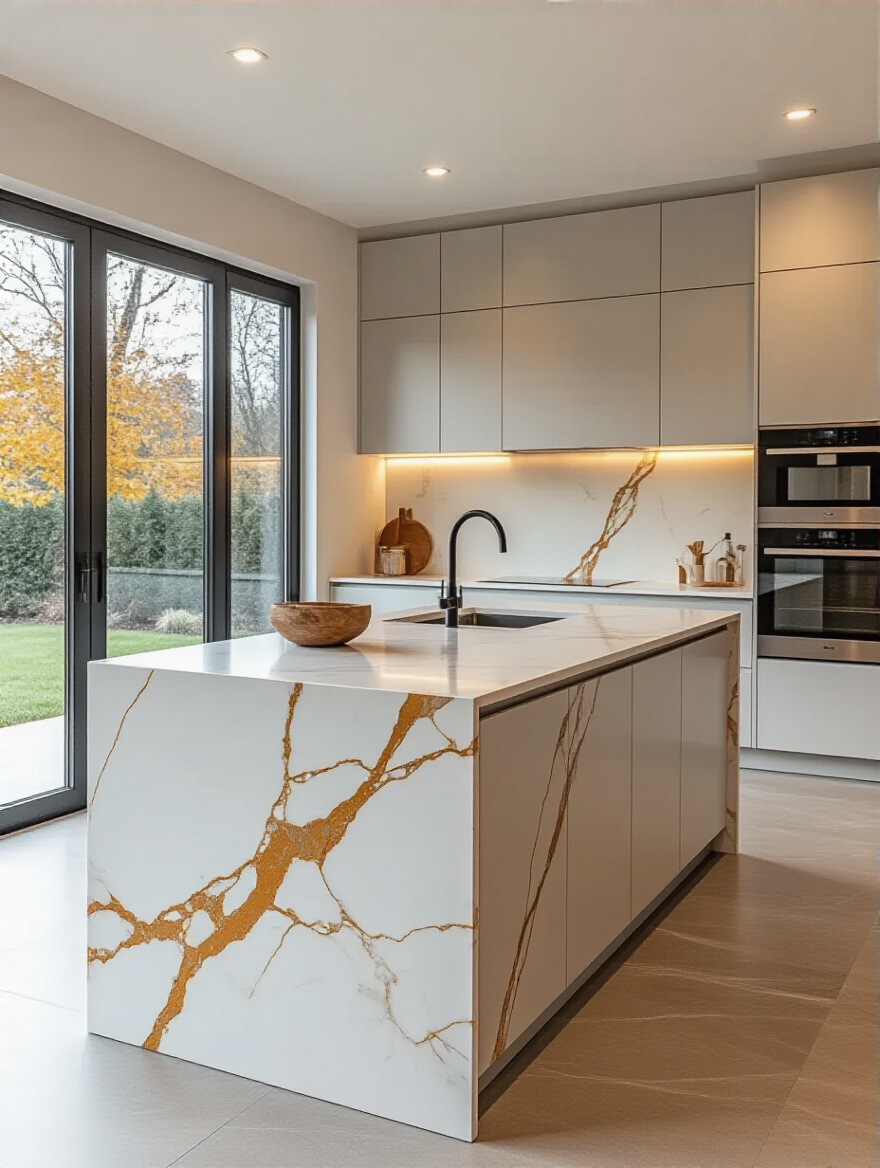 Modern kitchen with a large Calacatta Oro Quartz countertop island featuring waterfall edges, illuminated by natural and recessed lighting.
