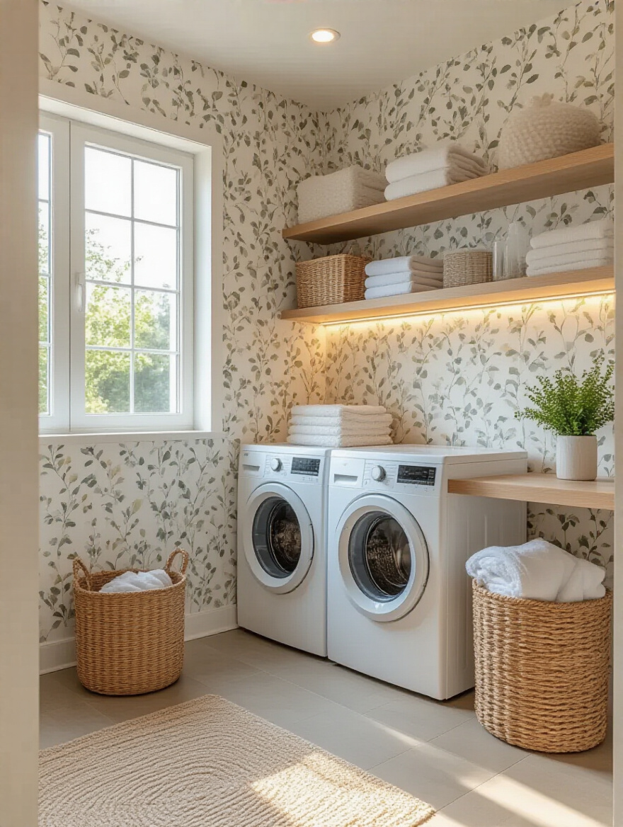 Modern laundry room with highly washable vinyl wallpaper showing scrubbable texture and clean walls
