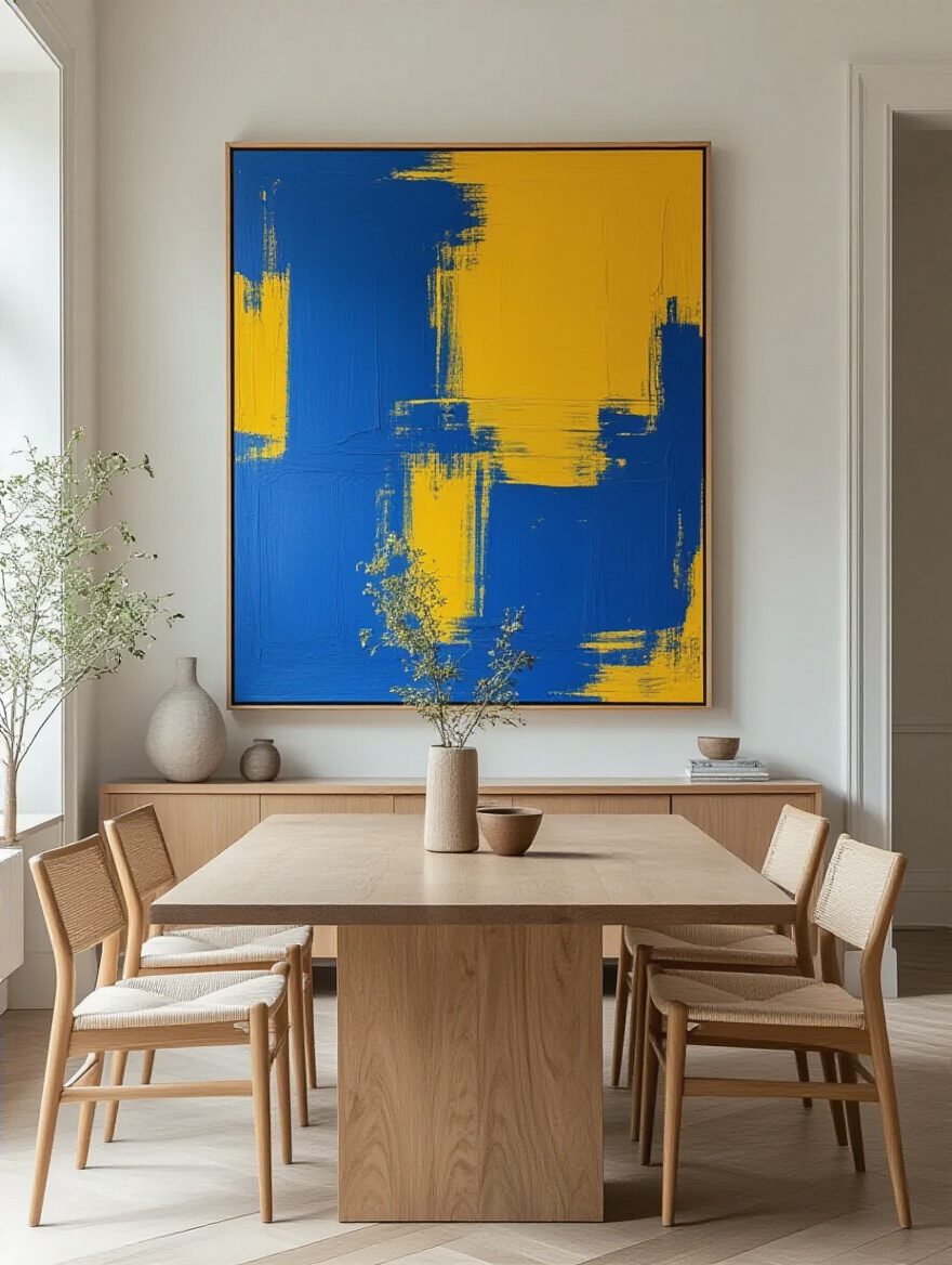 Modern dining room with a large bold abstract art piece above the wooden dining table, illuminated by dedicated lighting