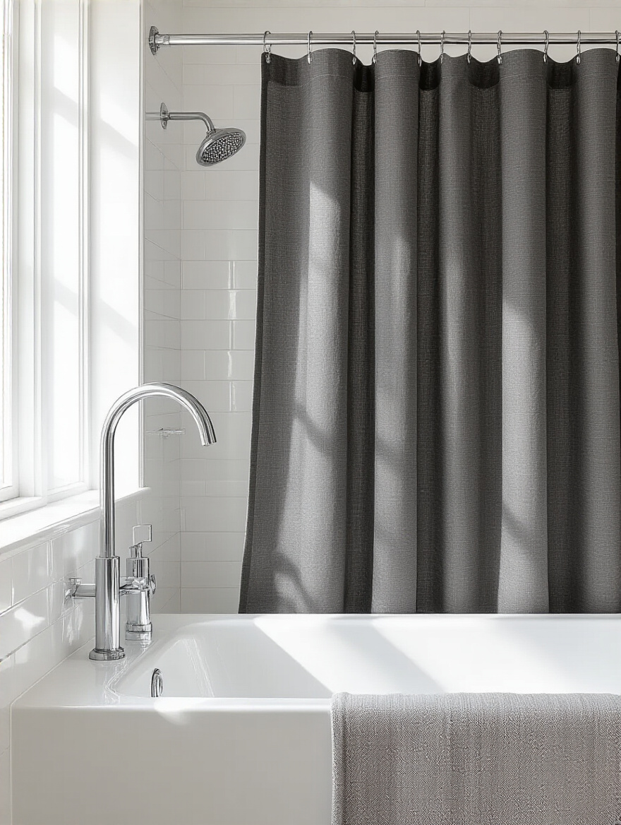 Modern bathroom with charcoal gray linen blend shower curtain in a minimalist setting