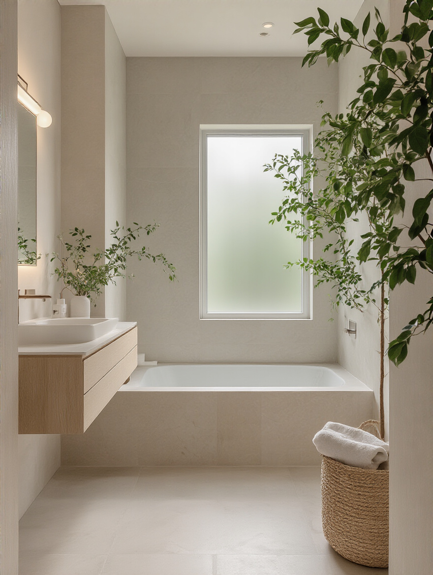 Modern bathroom interior featuring a serene color palette with soft whites, light grays, and beige accents creating a calming ambiance
