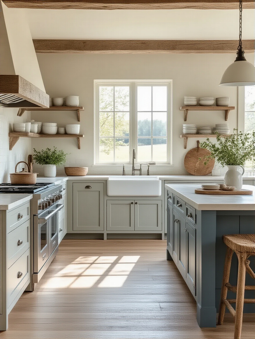 A rustic farmhouse kitchen with a calming color palette featuring creamy off-white walls and muted blue-gray accents.