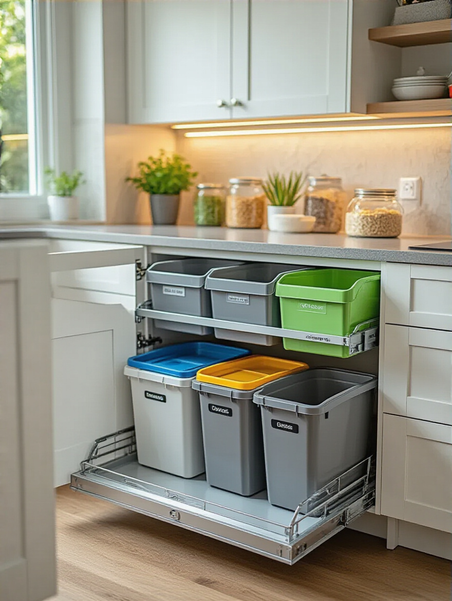 Modern kitchen recycling and composting hub with labeled bins inside a pull-out cabinet, showcasing organized waste management without clutter.