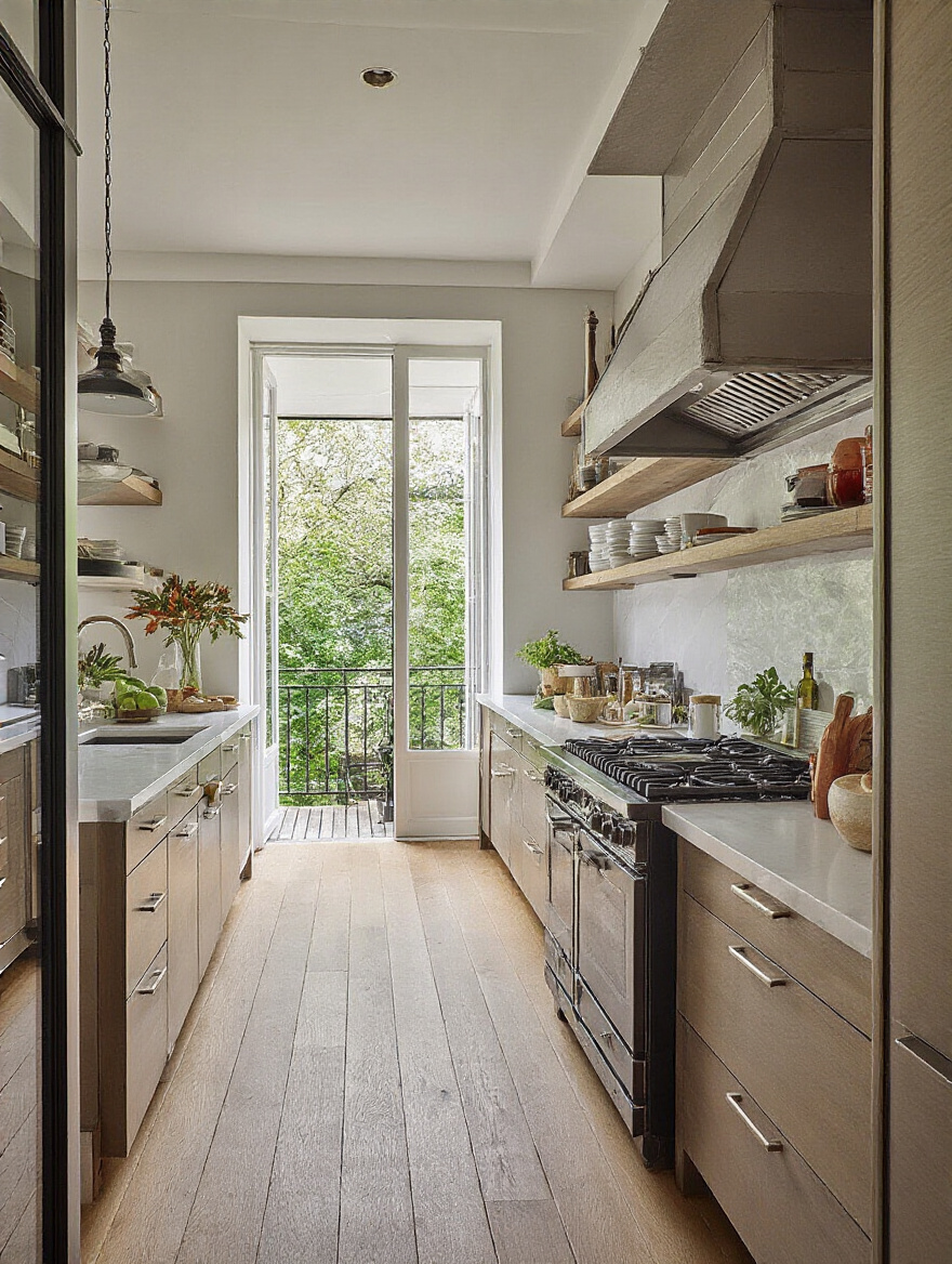 Modern kitchen budgeting scene with calculator, pen, and budget spreadsheets on wooden table under natural light