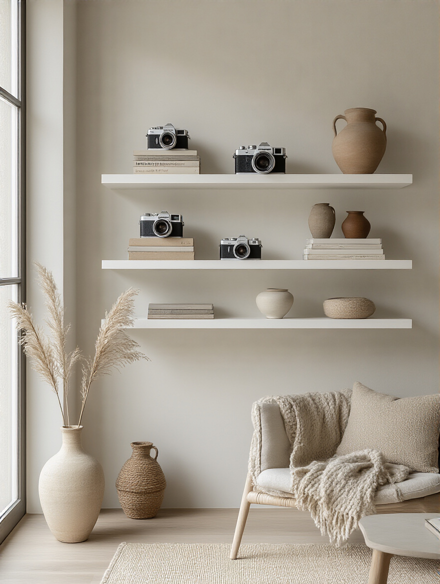 Minimalist floating shelves displaying cherished collections in a bright, modern living room with natural light and clean decor