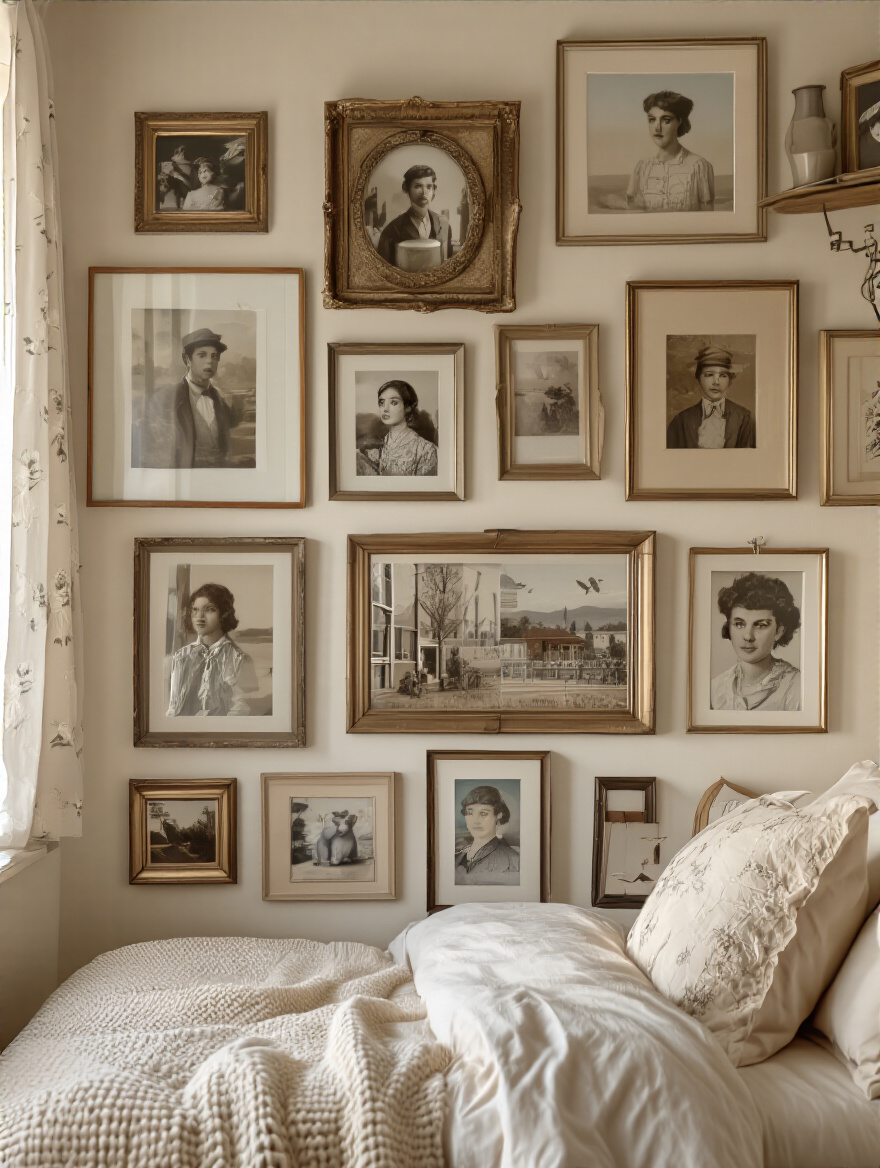 Gallery wall of cherished personal photographs and mementos in a cozy bedroom