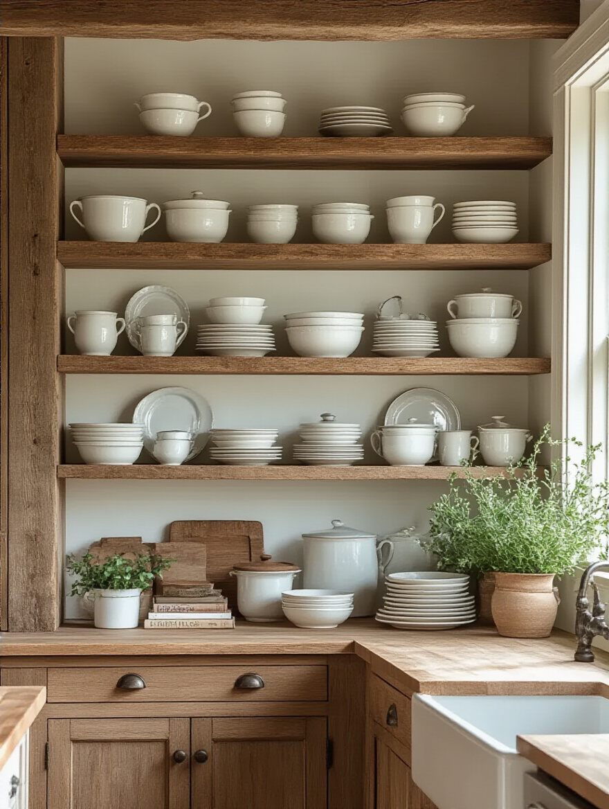 Farmhouse kitchen with open shelving displaying collected dinnerware