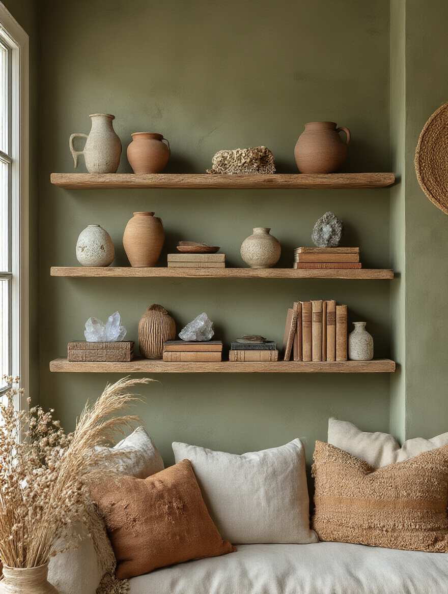 Boho living room corner with open floating shelves styled with curios like ceramics, crystals, and vintage books on an olive green wall