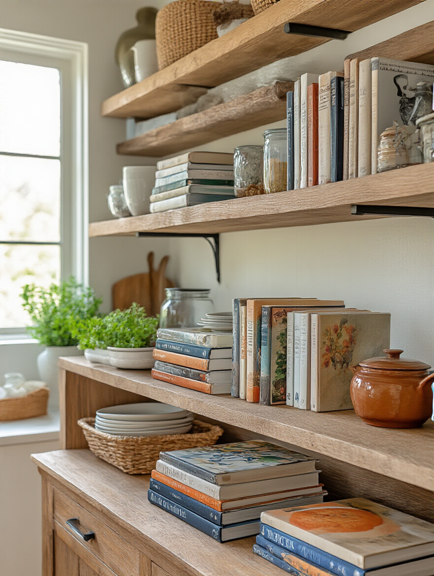 Kitchen island with open shelving displaying cookbooks and decor items